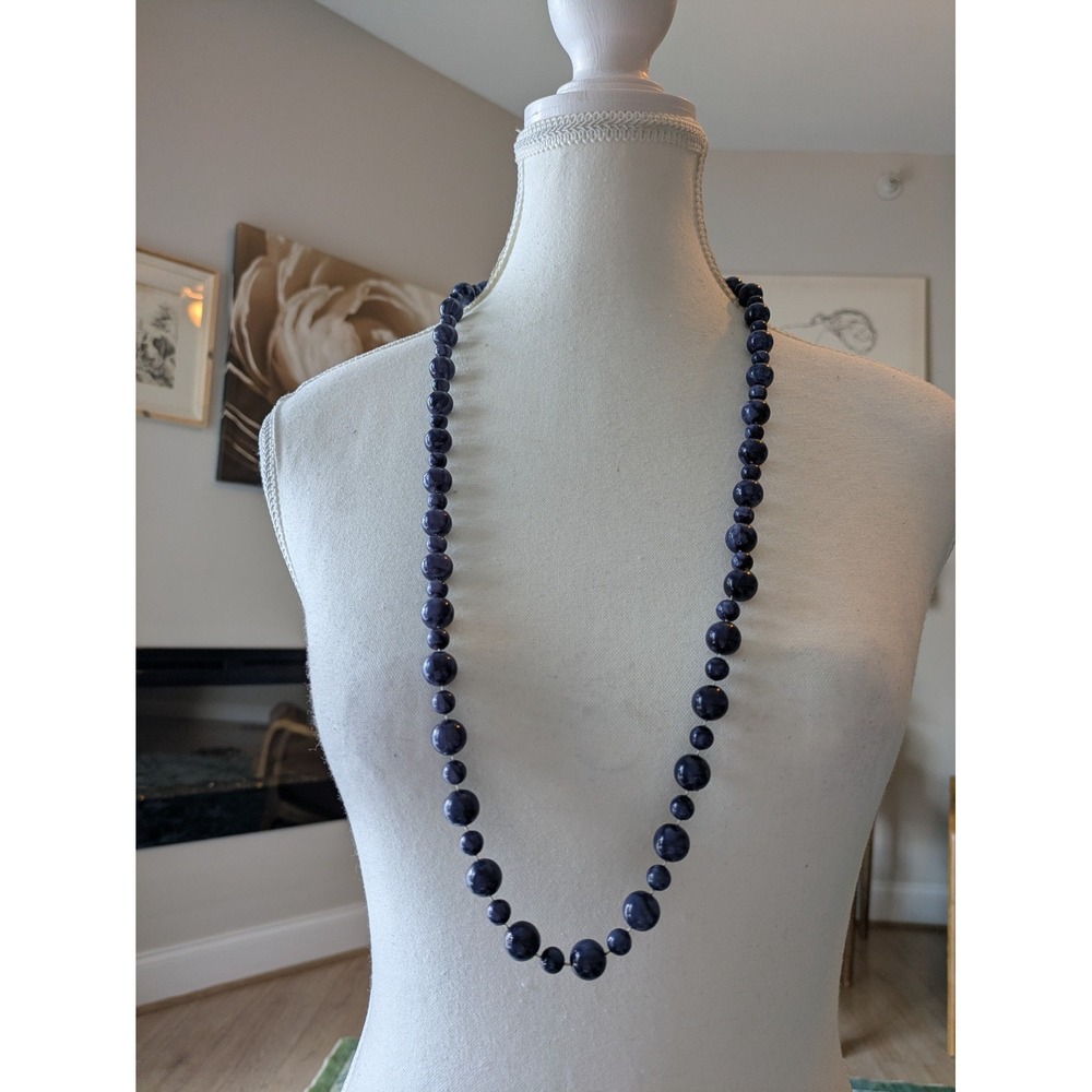 Long Vintage Beaded Necklace In Marbled Midnight Blue Classic Retro Layering